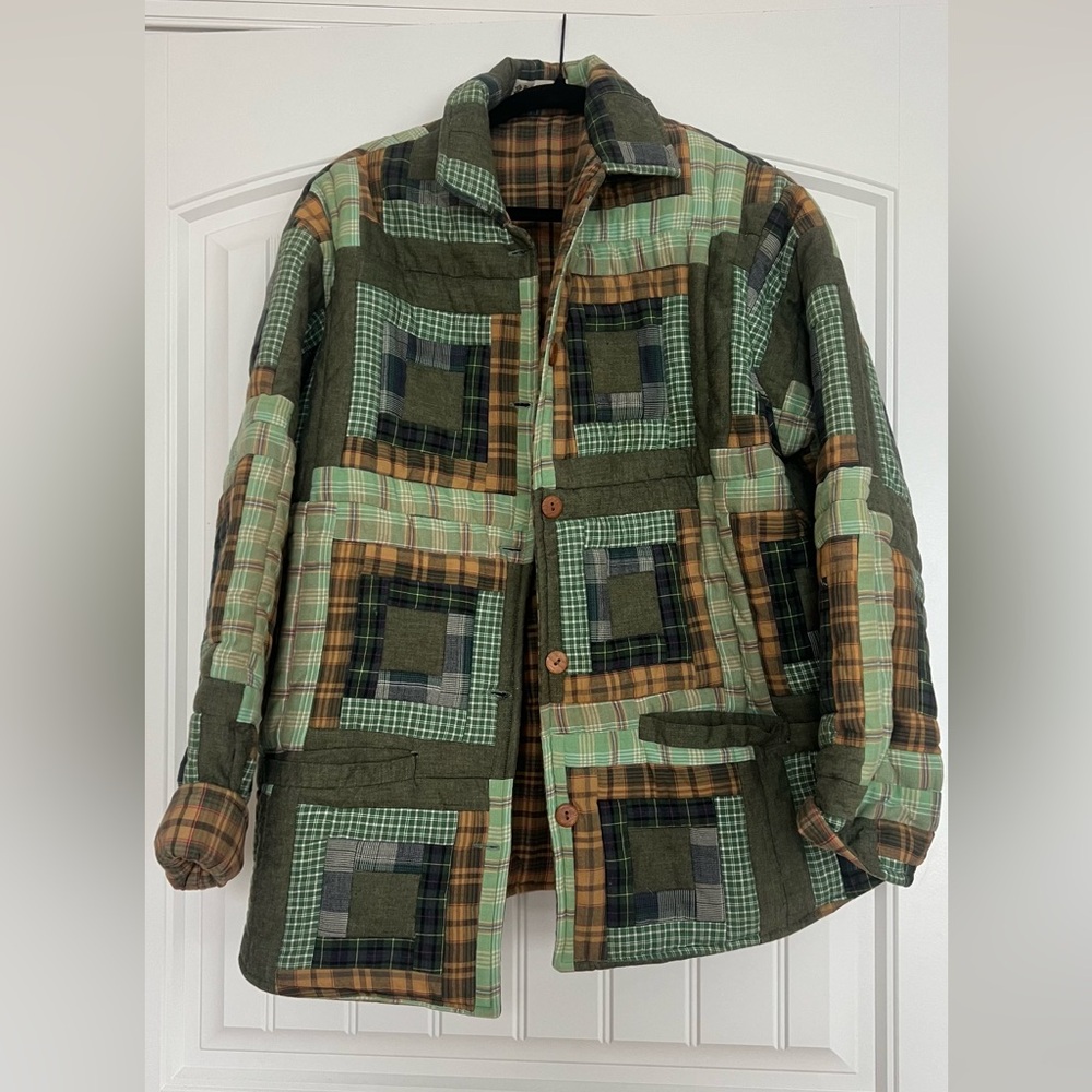 Patch magic unisex reversible button up Tan Plaid Jacket - Picture 3 of 14